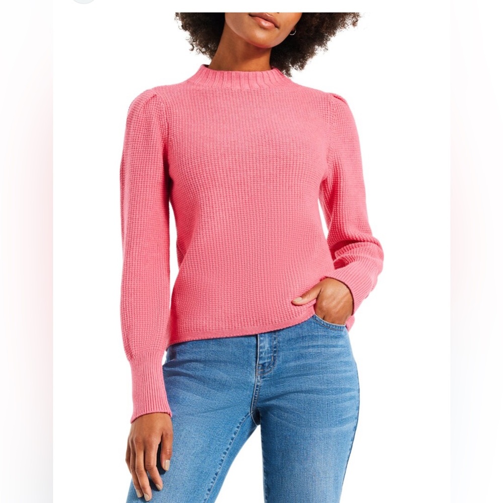 Nic+Zoe Waffle Knit Puff Sleeve Mockneck Sweater Pink Grenadine Size XL NWT